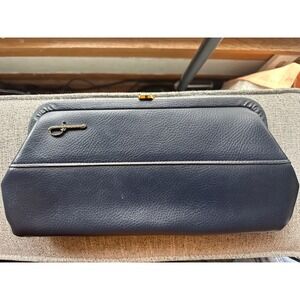 Vintage Navy Blue Pebbled Leather Frame Clutch Sword Saber Emblem MCM Lining